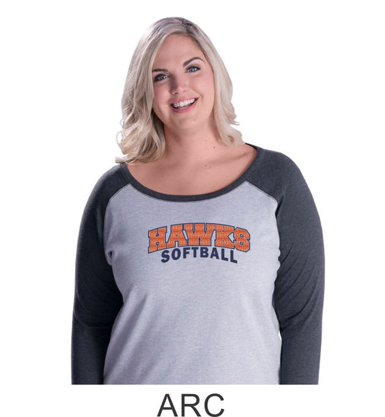 Hawks Softball Curvy Lady Raglan- 3 designs-Matte or Glitter