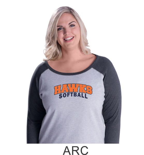 Hawks Softball Curvy Lady Raglan- 3 designs-Matte or Glitter