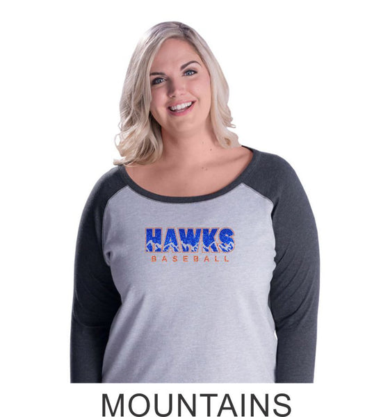 Hawks Baseball Curvy Lady Raglan- 3 designs-Matte or Glitter