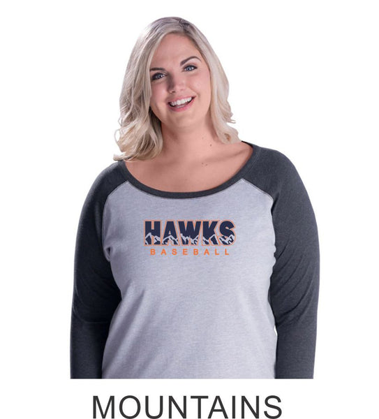 Hawks Baseball Curvy Lady Raglan- 3 designs-Matte or Glitter
