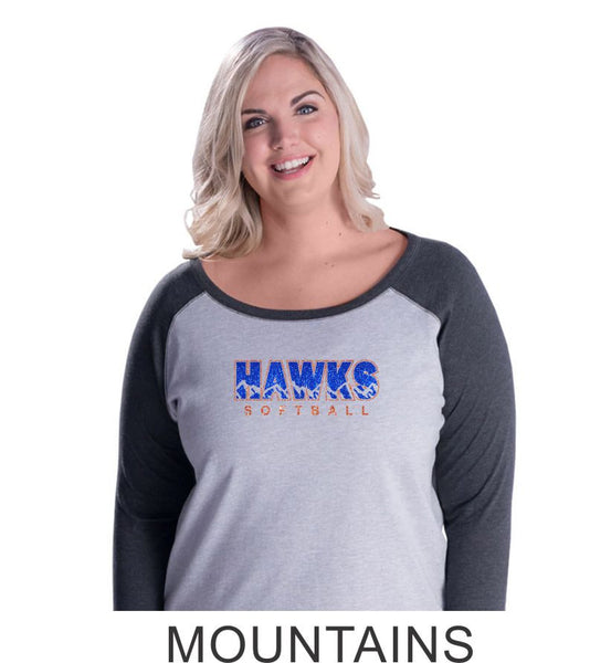 Hawks Softball Curvy Lady Raglan- 3 designs-Matte or Glitter