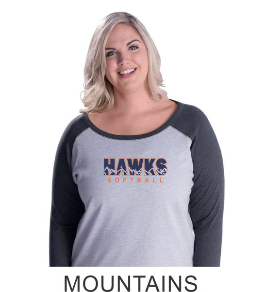 Hawks Softball Curvy Lady Raglan- 3 designs-Matte or Glitter