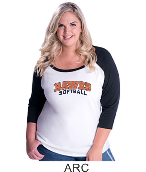 Hawks Softball Curvy Lady Raglan- 3 designs-Matte or Glitter