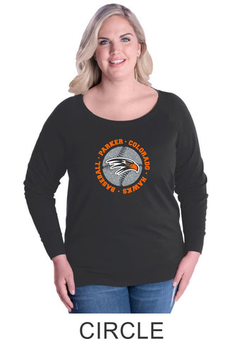 Hawks Baseball Circle Curvy Ladies Slouchy Pullover- Matte or Glitter