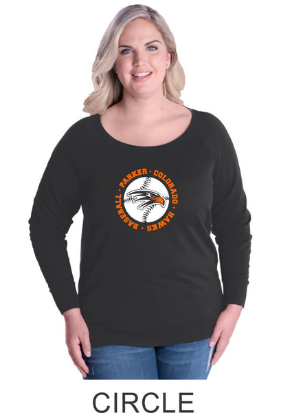Hawks Baseball Circle Curvy Ladies Slouchy Pullover- Matte or Glitter