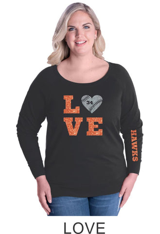 Hawks Curvy Ladies Slouchy Pullover- in 2 designs- Matte or Glitter