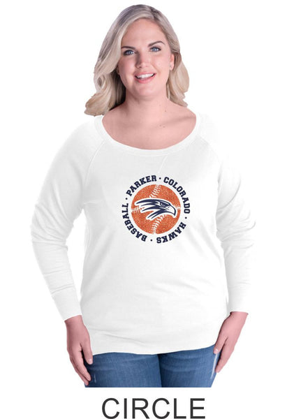 Hawks Baseball Circle Curvy Ladies Slouchy Pullover- Matte or Glitter