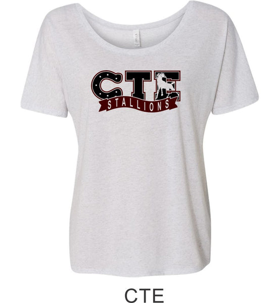 CTE Women's White or Maroon Slouchy Tee- 4 New Designs