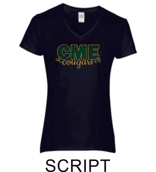 CME Script Design Ladies Short Sleeve Tee- Matte or Glitter