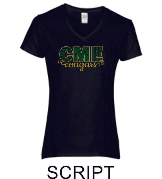 CME Script Design Ladies Short Sleeve Tee- Matte or Glitter