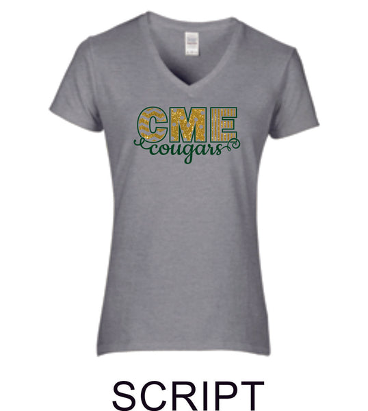 CME Script Design Ladies Short Sleeve Tee- Matte or Glitter