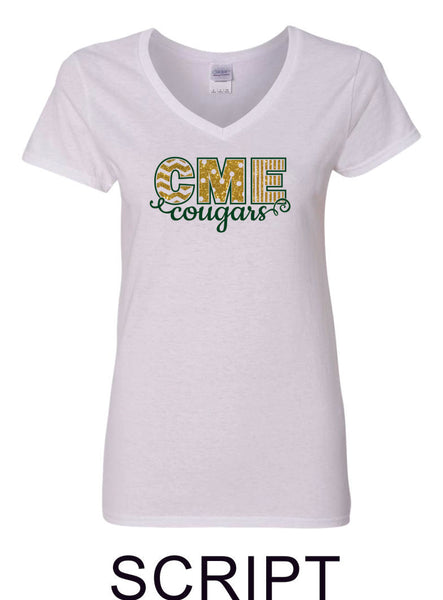 CME Script Design Ladies Short Sleeve Tee- Matte or Glitter