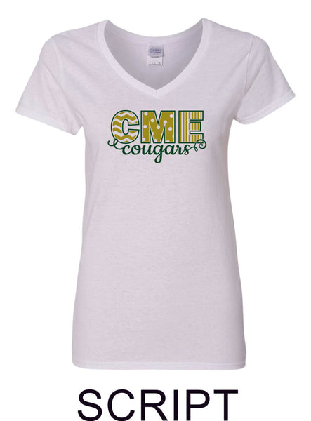 CME Script Design Ladies Short Sleeve Tee- Matte or Glitter