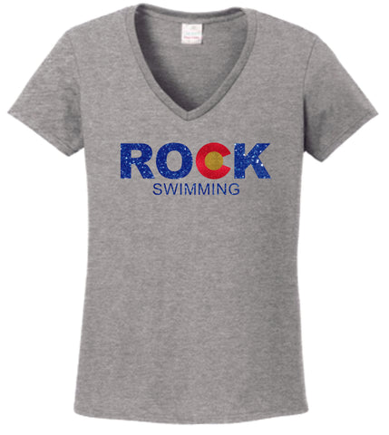 ROCK Swimming V-Neck Ladies Tee- 4 colors- Matte or Glitter