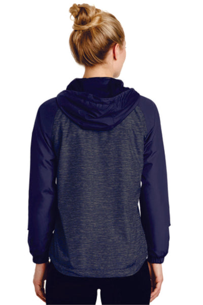 LT Poms Unisex or Ladies Heather Colorblock Raglan Hooded Windbreaker