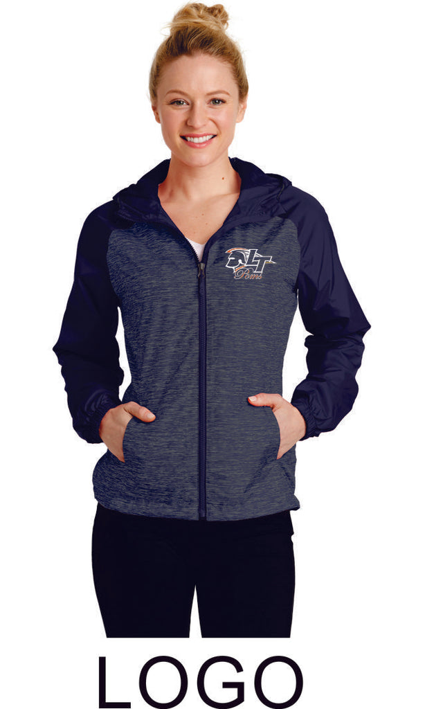 LT Poms Unisex or Ladies Heather Colorblock Raglan Hooded Windbreaker