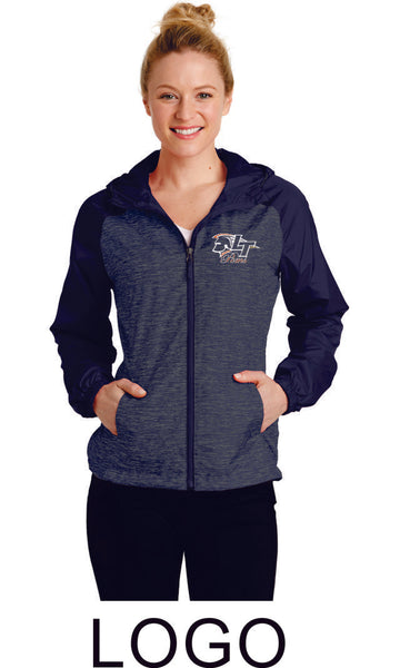 LT Poms Unisex or Ladies Heather Colorblock Raglan Hooded Windbreaker