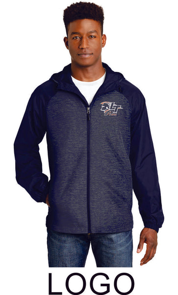 LT Poms Unisex or Ladies Heather Colorblock Raglan Hooded Windbreaker