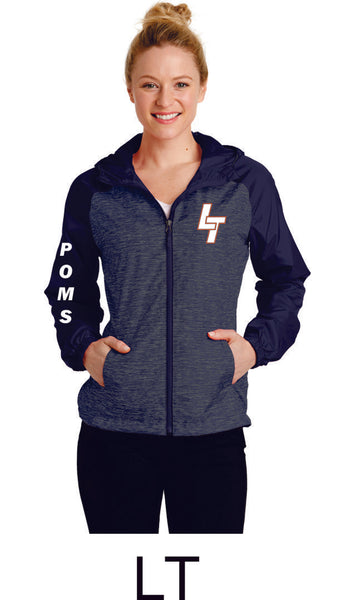 LT Poms Unisex or Ladies Heather Colorblock Raglan Hooded Windbreaker