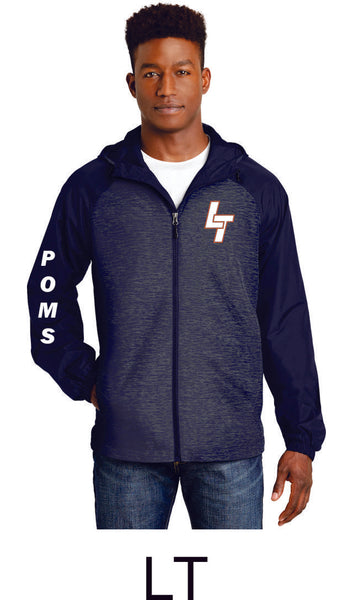 LT Poms Unisex or Ladies Heather Colorblock Raglan Hooded Windbreaker