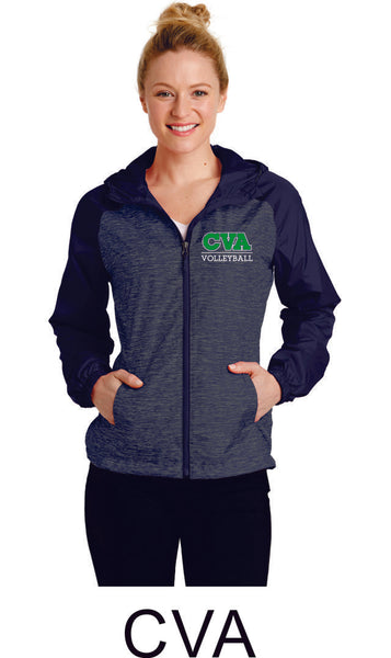 Unisex or Ladies CVA Heather Colorblock Raglan Hooded Windbreaker