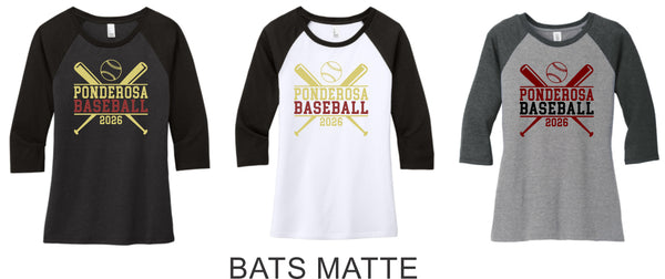 Pondo Baseball Ladies Raglan Tee- 12 Designs- Matte or Glitter