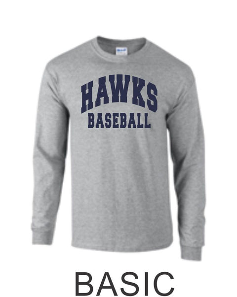 Hawks Baseball Long Sleeve Tee- 2 Designs- Matte or Glitter