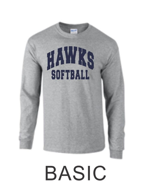 Hawks Softball Long Sleeve Tee- 2 Designs- Matte or Glitter