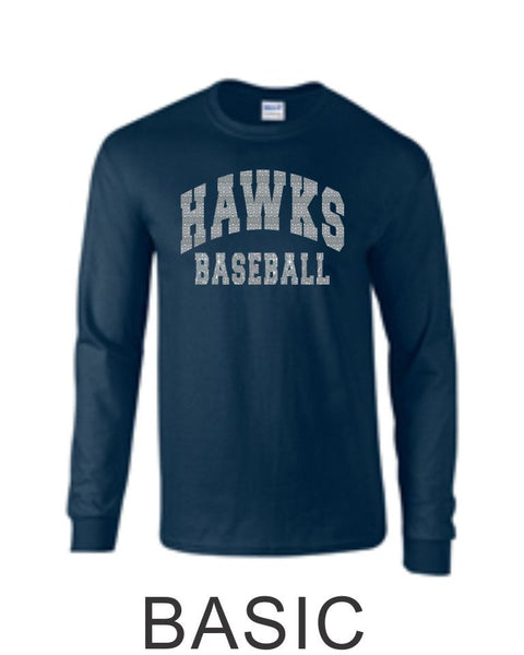 Hawks Baseball Long Sleeve Tee- 2 Designs- Matte or Glitter