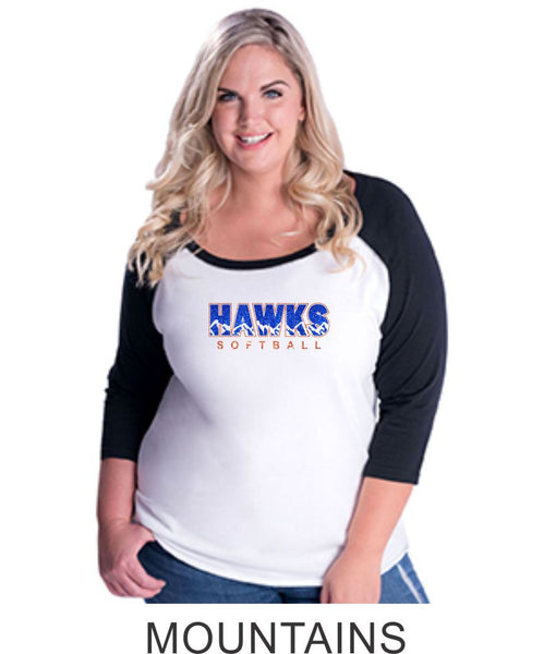 Hawks Softball Curvy Lady Raglan- 3 designs-Matte or Glitter