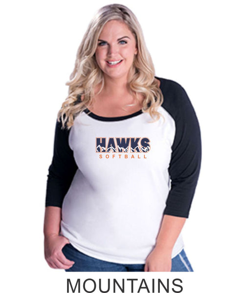 Hawks Softball Curvy Lady Raglan- 3 designs-Matte or Glitter
