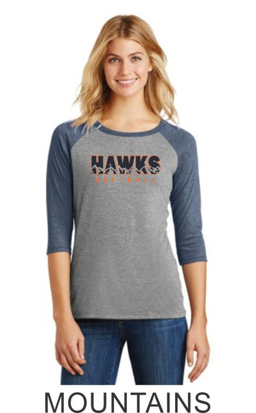 Hawks Softball Ladies Raglan- 3 designs- Matte or Glitter