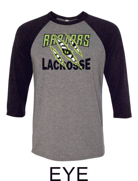 Raptors Lacrosse Raglan Unisex T-Shirt- 5 designs- Matte and Glitter