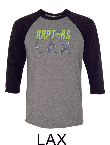 Raptors Lacrosse Raglan Unisex T-Shirt- 5 designs- Matte and Glitter