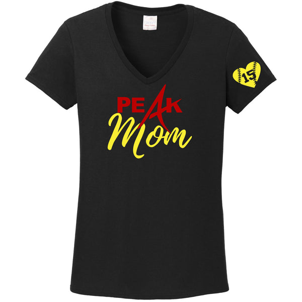 Peak Softball Mom Ladies V-Neck Tee - Two Designs - Custom Number