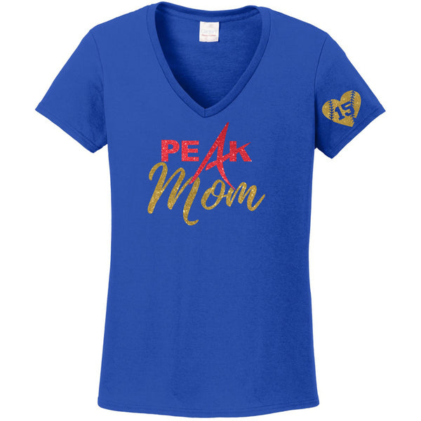 Peak Softball Mom Ladies V-Neck Tee - Two Designs - Custom Number
