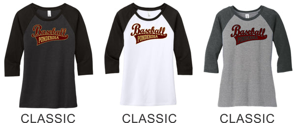 Pondo Baseball Ladies Raglan Tee- 12 Designs- Matte or Glitter