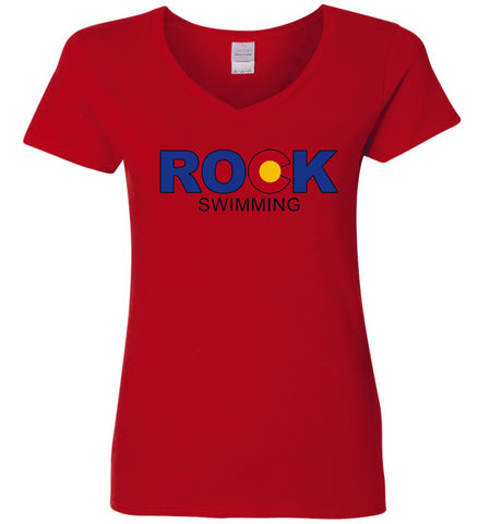 ROCK Swimming V-Neck Ladies Tee- 5 colors- Matte or Glitter