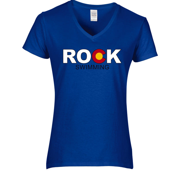 ROCK Swimming V-Neck Ladies Tee- 4 colors- Matte or Glitter