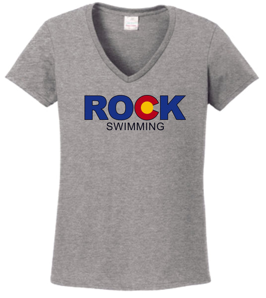 ROCK Swimming V-Neck Ladies Tee- 4 colors- Matte or Glitter