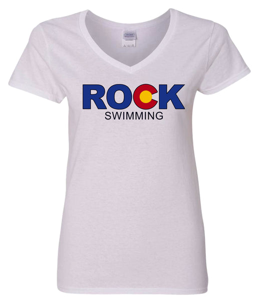 ROCK Swimming V-Neck Ladies Tee- 4 colors- Matte or Glitter