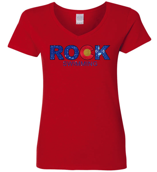 ROCK Swimming V-Neck Ladies Tee- 5 colors- Matte or Glitter