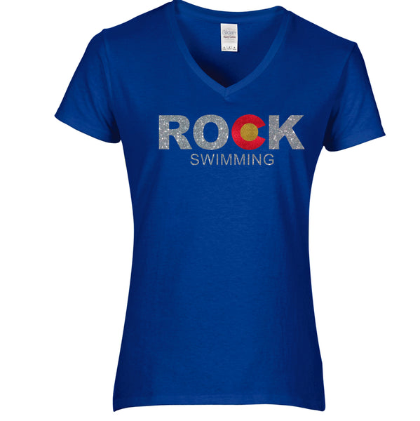 ROCK Swimming V-Neck Ladies Tee- 5 colors- Matte or Glitter
