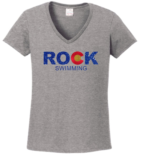 ROCK Swimming V-Neck Ladies Tee- 5 colors- Matte or Glitter