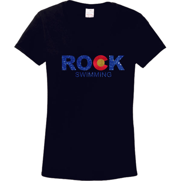 ROCK Swimming V-Neck Ladies Tee- 4 colors- Matte or Glitter