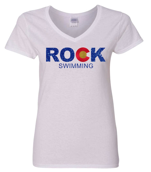 ROCK Swimming V-Neck Ladies Tee- 5 colors- Matte or Glitter
